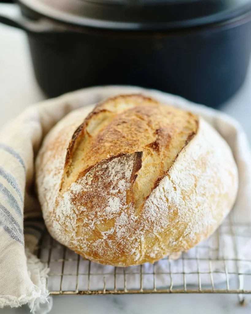 Freshly baked Dutch Oven Bread with a golden crust and soft interior.