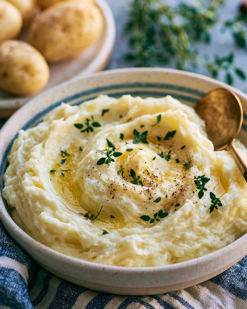 Delicious serving of easy homemade mashed potatoes topped with butter.