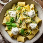 Easy zucchini pasta dish with ricotta and fresh basil on a plate