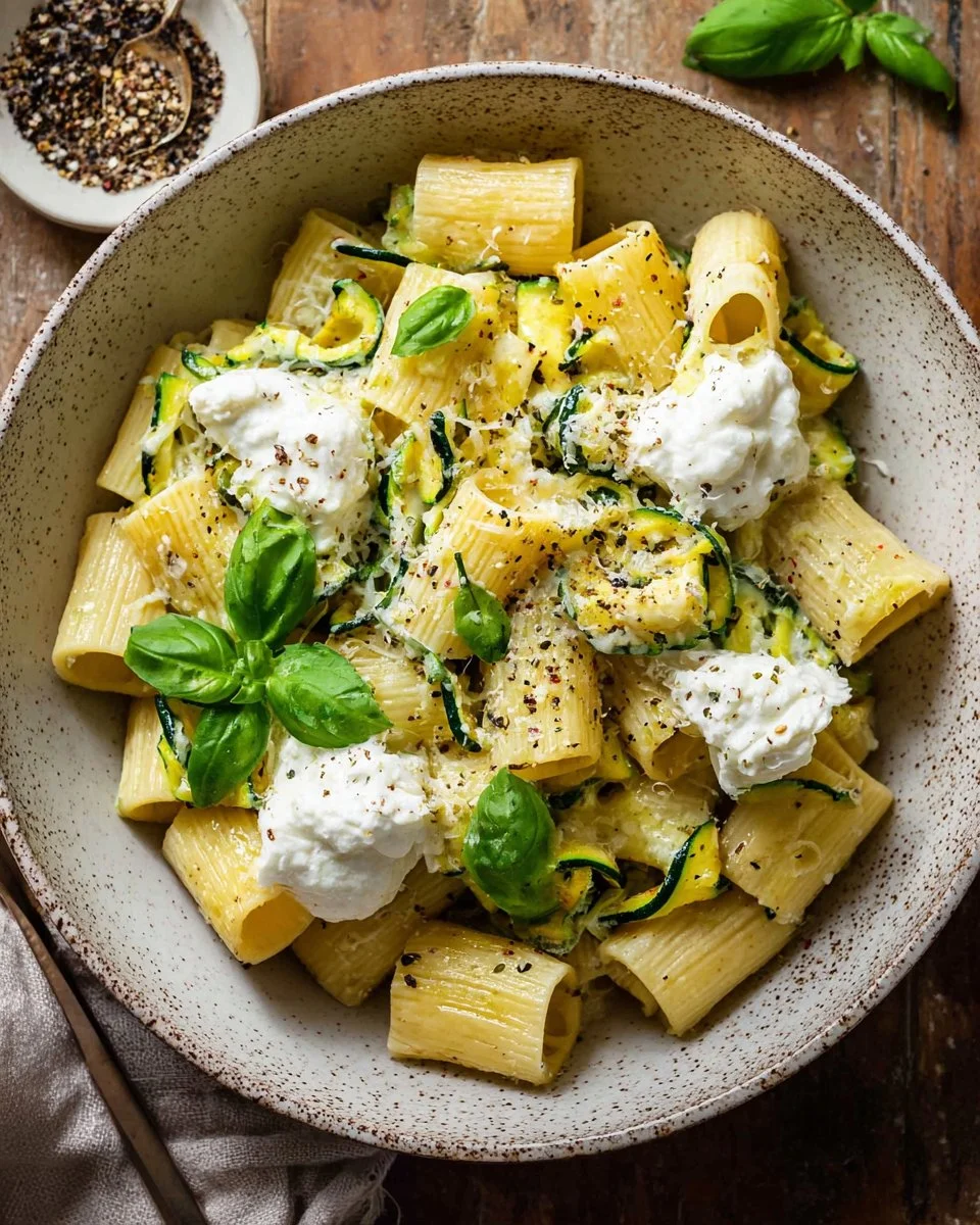 Easy zucchini pasta dish with ricotta and fresh basil on a plate