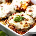 Delicious Eggplant Parmesan with layers of cheese and marinara sauce