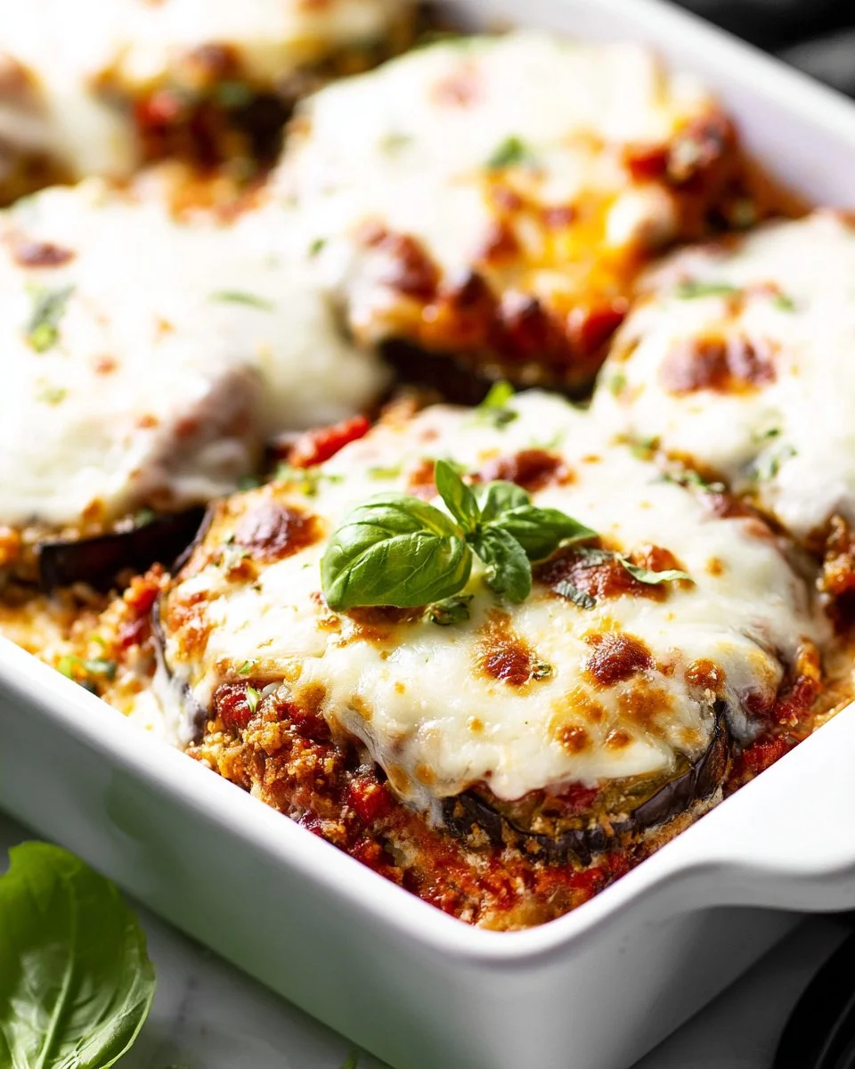 Delicious Eggplant Parmesan with layers of cheese and marinara sauce