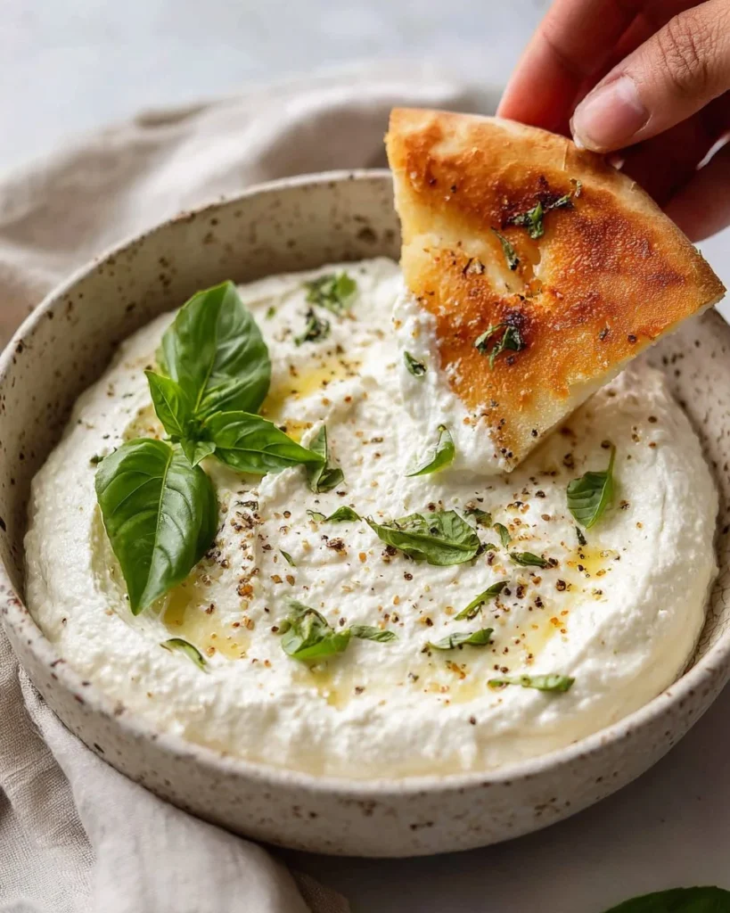 Creamy feta dip served in a bowl, garnished with herbs