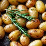 Roasted fingerling potatoes with fresh rosemary garnished on a plate