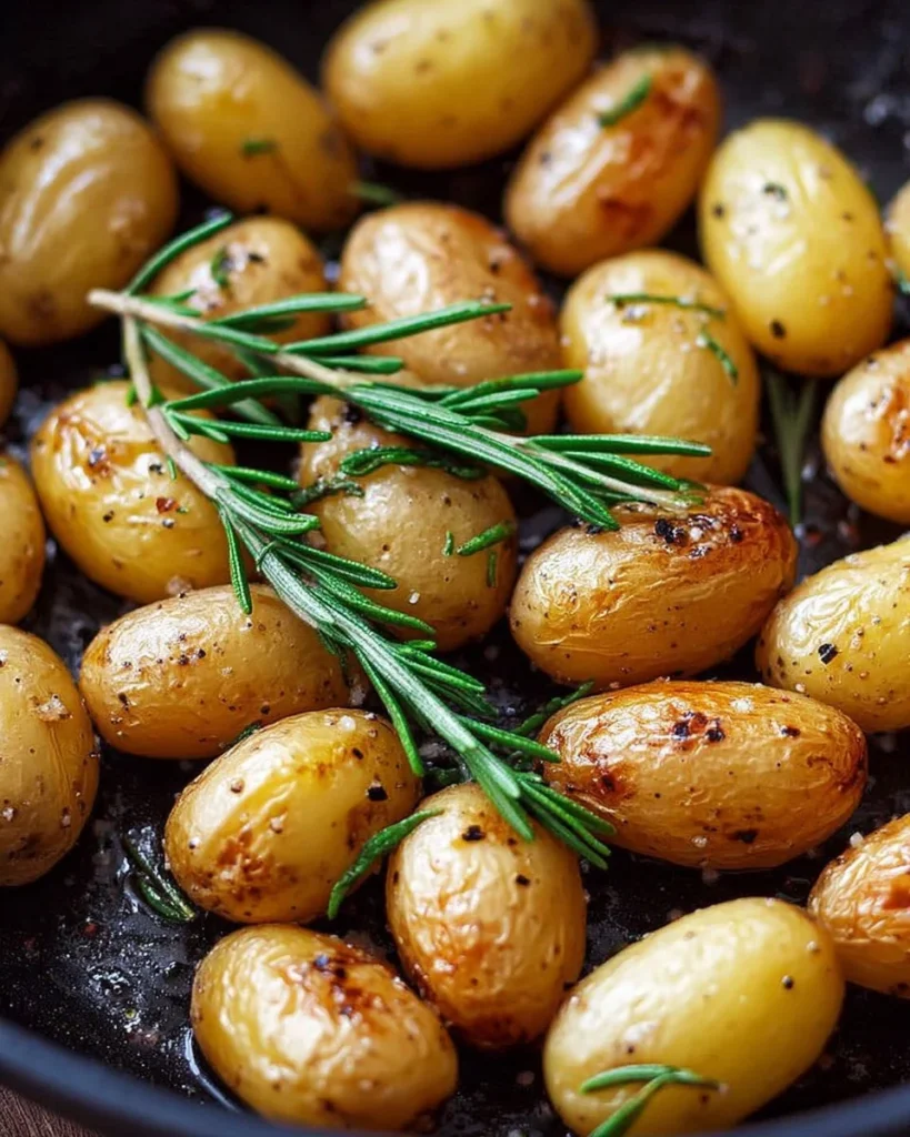 Roasted fingerling potatoes with fresh rosemary garnished on a plate