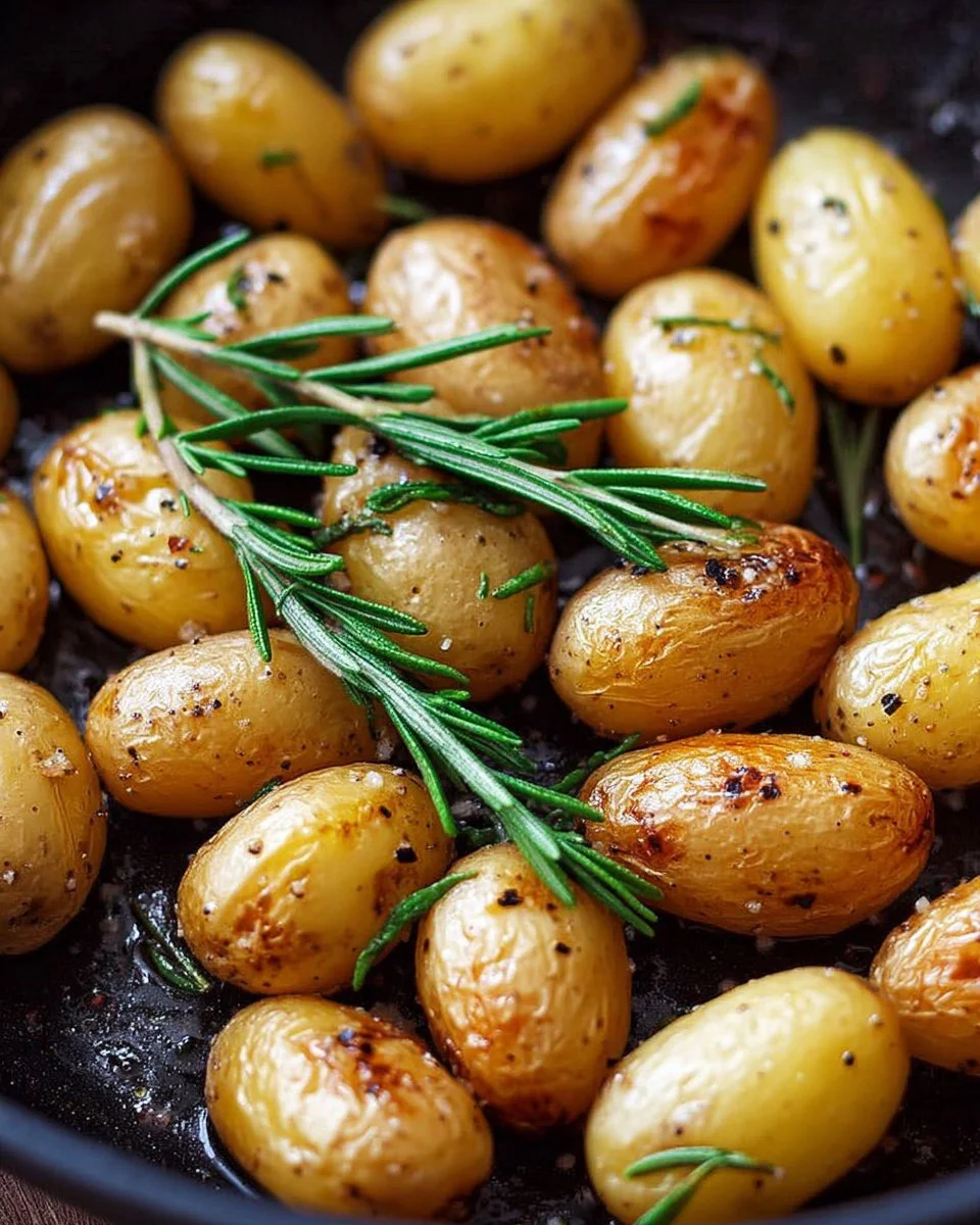 Roasted fingerling potatoes with fresh rosemary garnished on a plate