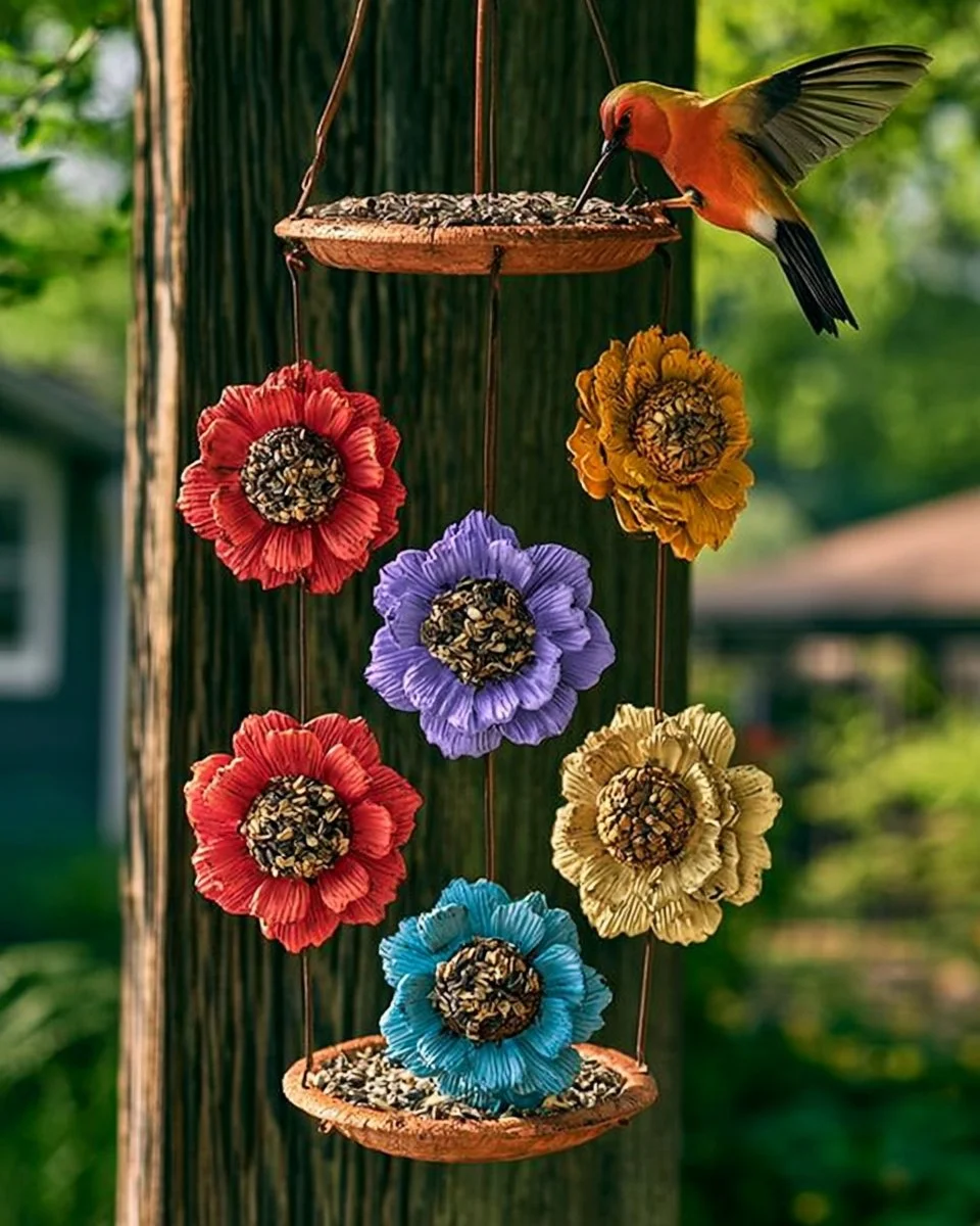 Colorful flower-shaped bird seed ornaments hanging in a garden