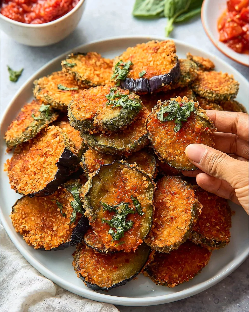 Plate of crispy fried eggplant slices garnished with herbs