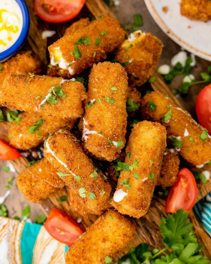 Golden crispy fried mozzarella sticks served with marinara sauce