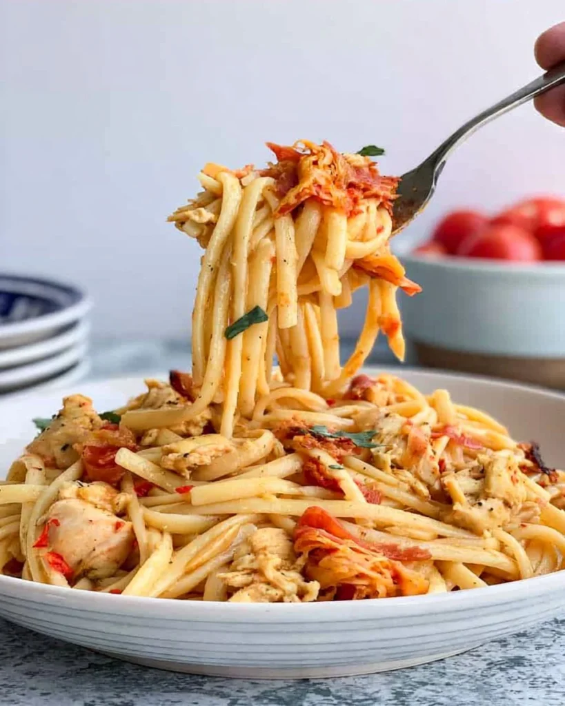 Garlic Chicken Pasta with Prosciutto plated elegantly on a dining table.