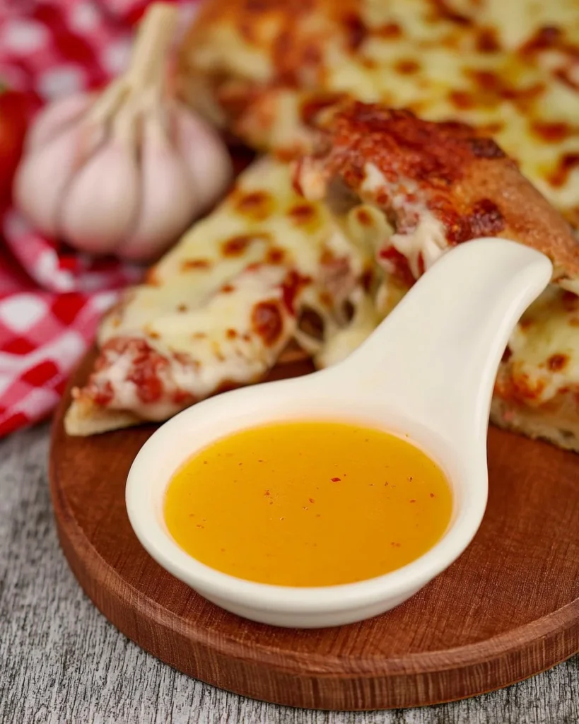 Homemade garlic sauce drizzled on a freshly baked pizza slice.