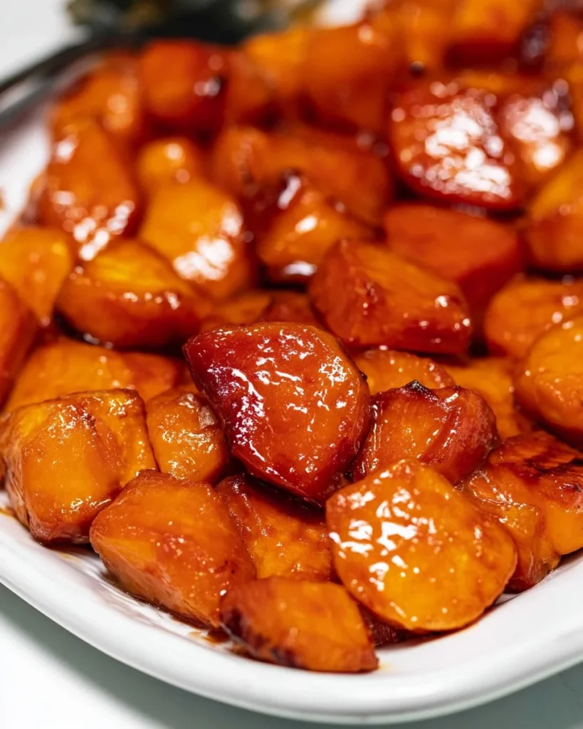 Glazed sweet potatoes drizzled with syrup and garnished for presentation.