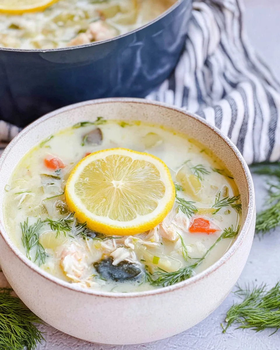 Bowl of Greek lemon chicken soup with fresh herbs and lemon slices