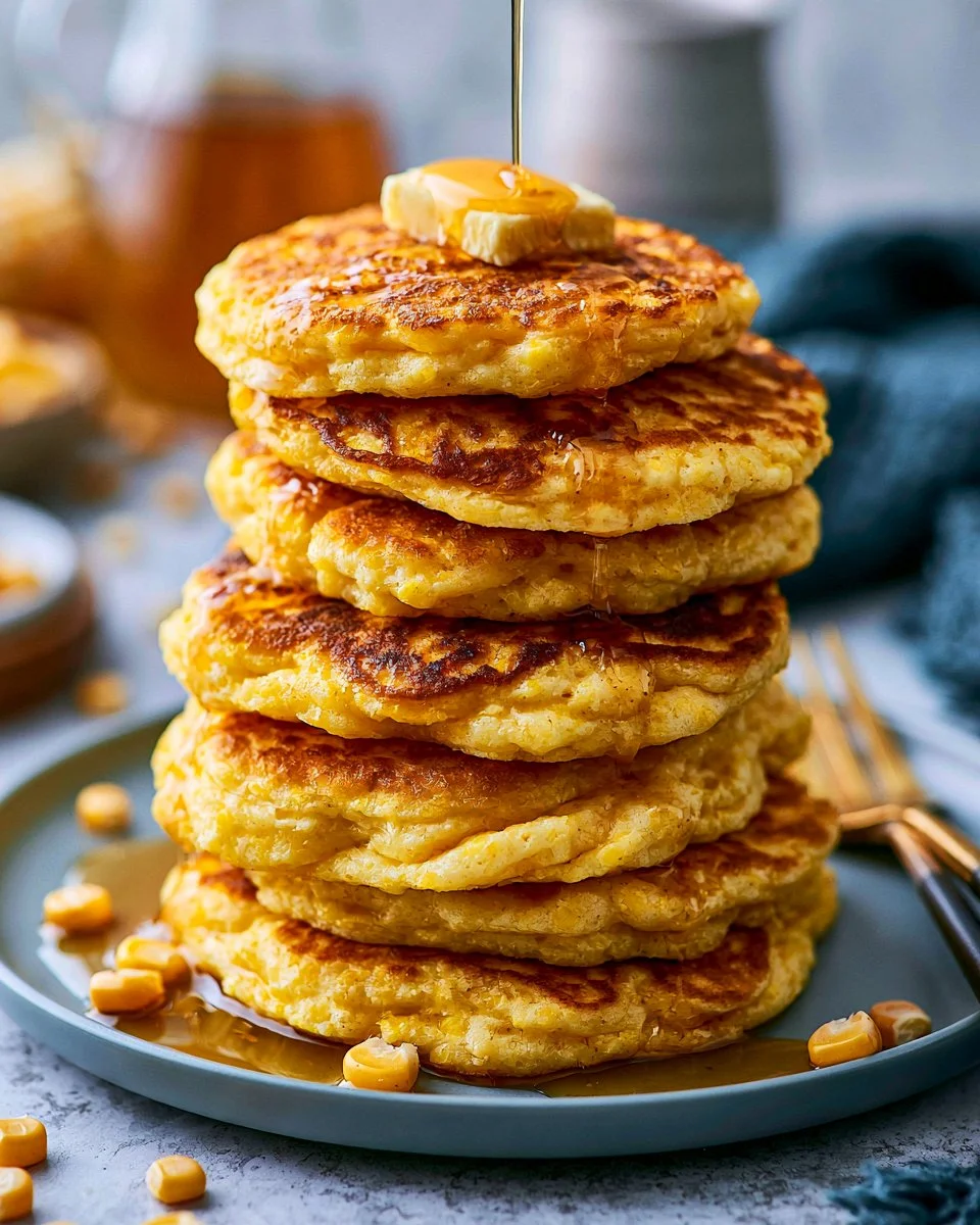 Delicious griddle corn cakes served with fresh toppings on a wooden plate.