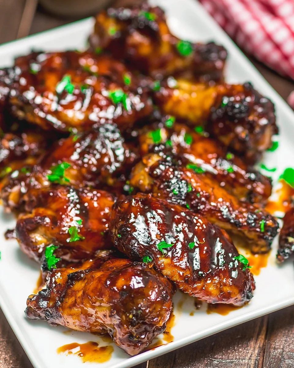 Delicious grilled BBQ wings with a smoky glaze on a platter