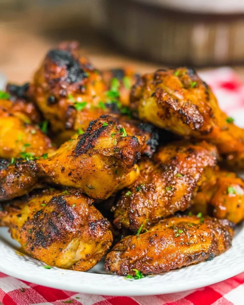Juicy grilled Buffalo wings served with dipping sauce and celery sticks.