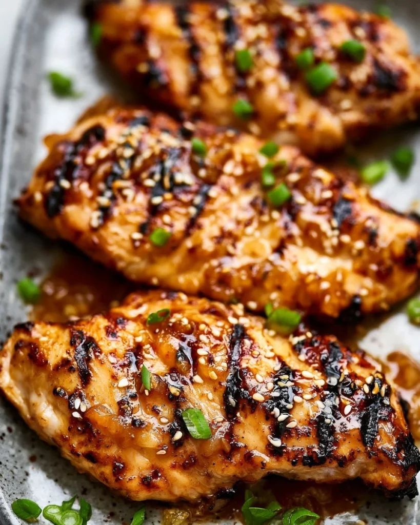 Juicy grilled chicken breasts marinated in apple sauce, served on a plate.