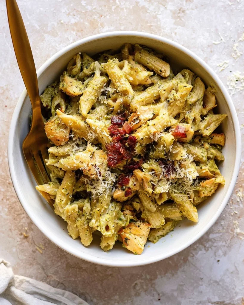 Delicious Grilled Chicken Pesto Pasta Bake topped with fresh basil and cheese