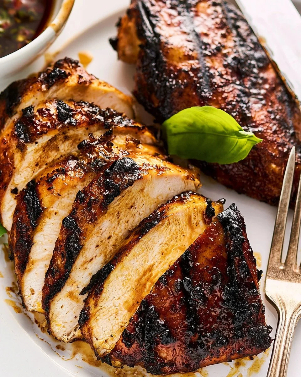 Balsamic marinated grilled chicken sizzling on the barbecue grill