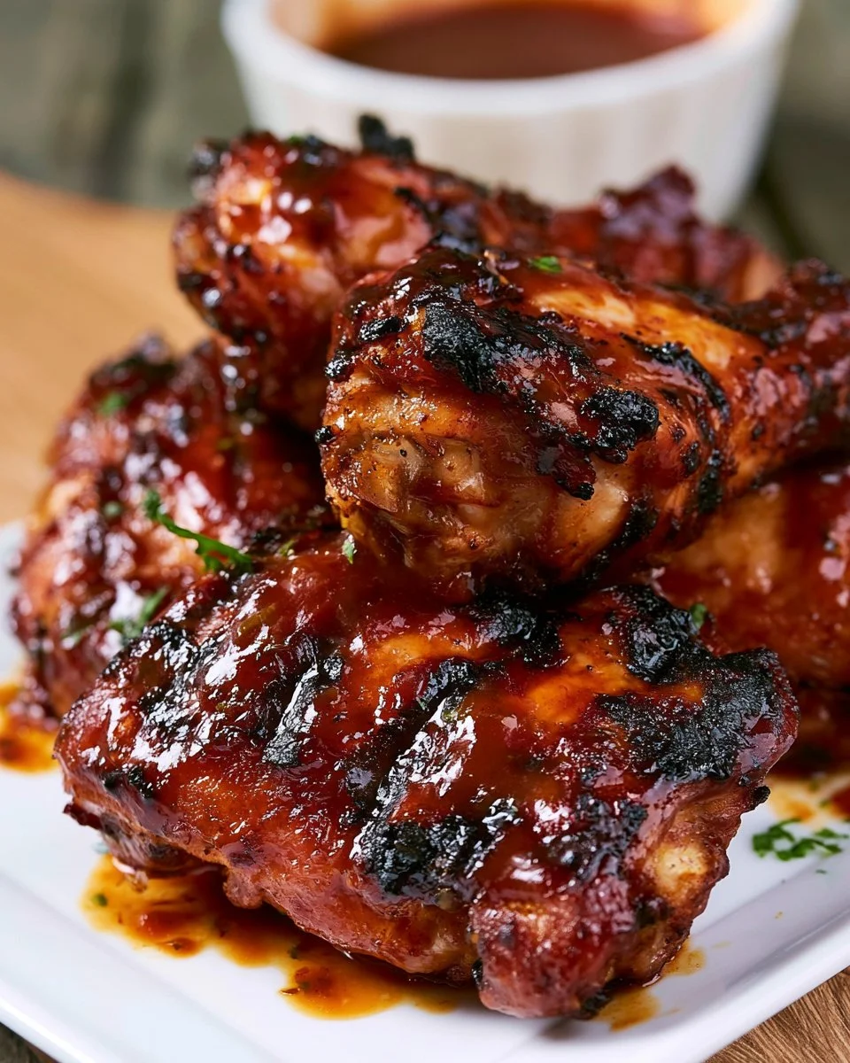 Delicious grilled chicken topped with homemade BBQ sauce on a wooden table