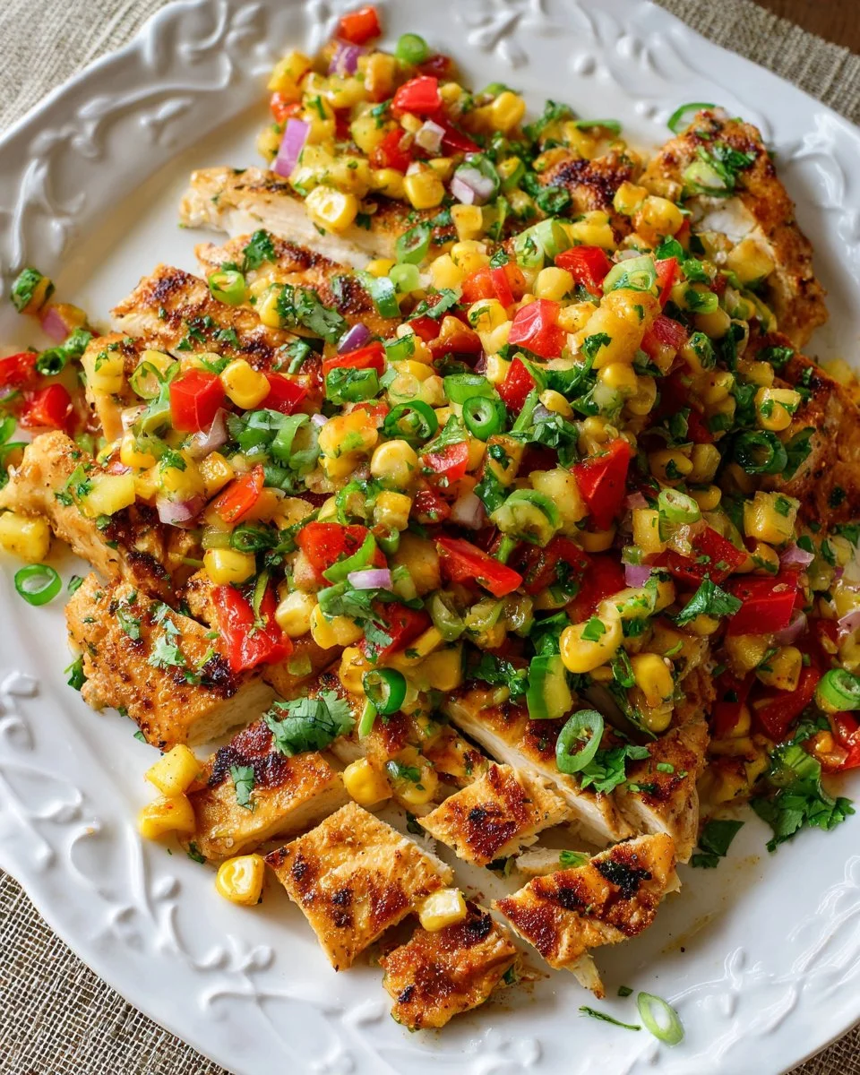 Grilled chicken with pineapple jalapeno salsa on a plate