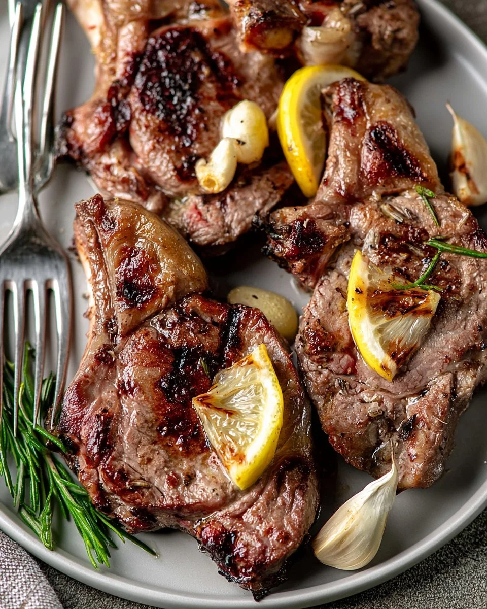 Juicy grilled lamb chops with lemon, garlic, and rosemary on a platter