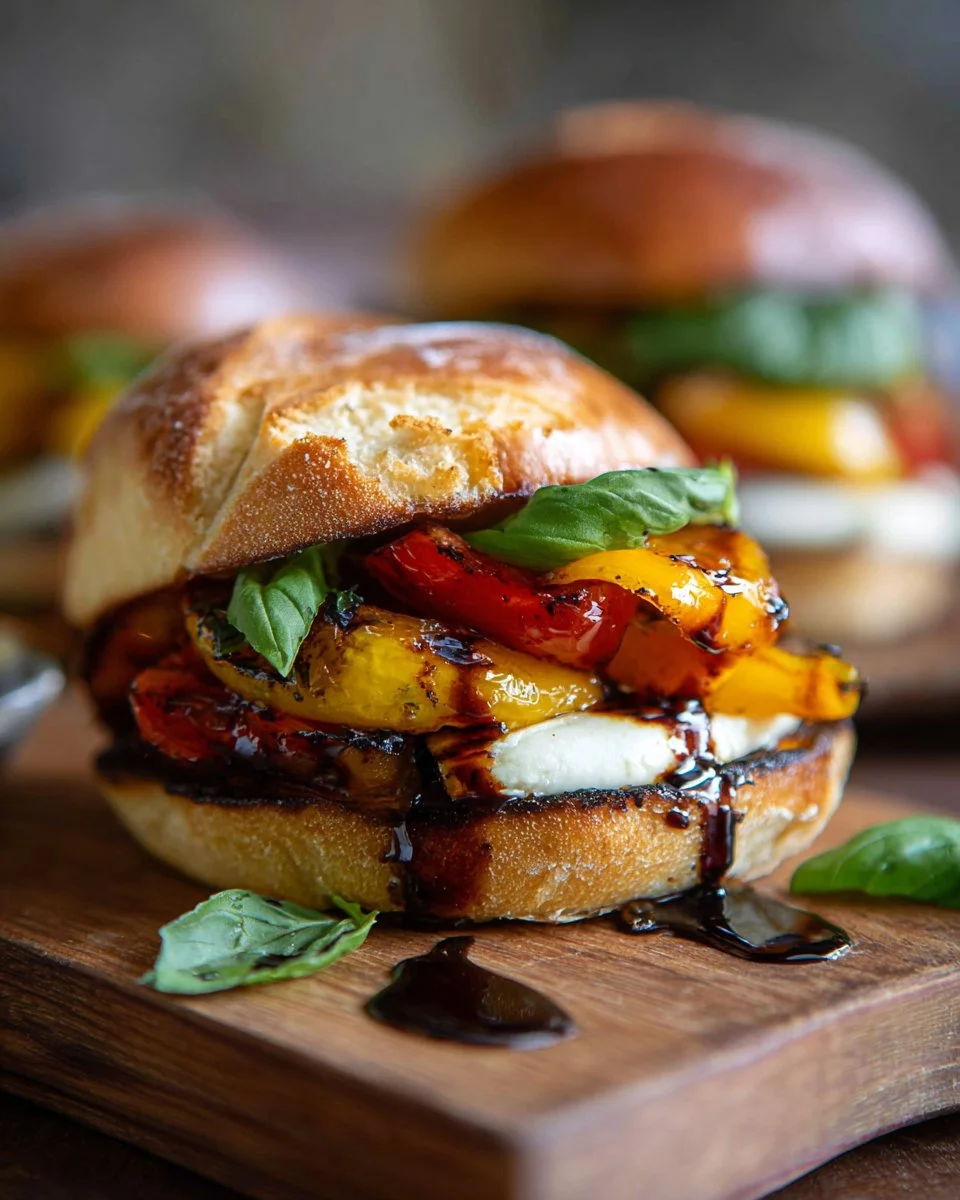 Grilled pepper and mozzarella sandwich with melted cheese and fresh ingredients