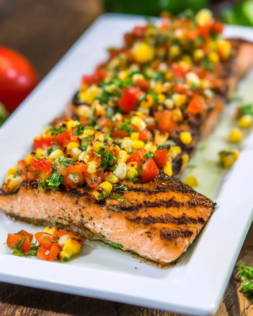 Grilled salmon topped with charred corn salsa on a white plate