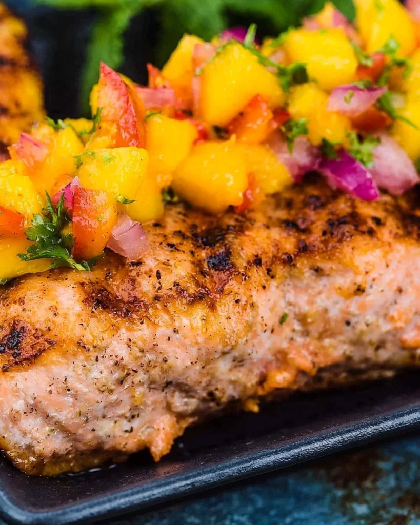 Delicious grilled salmon served with fresh mango salsa on a plate.