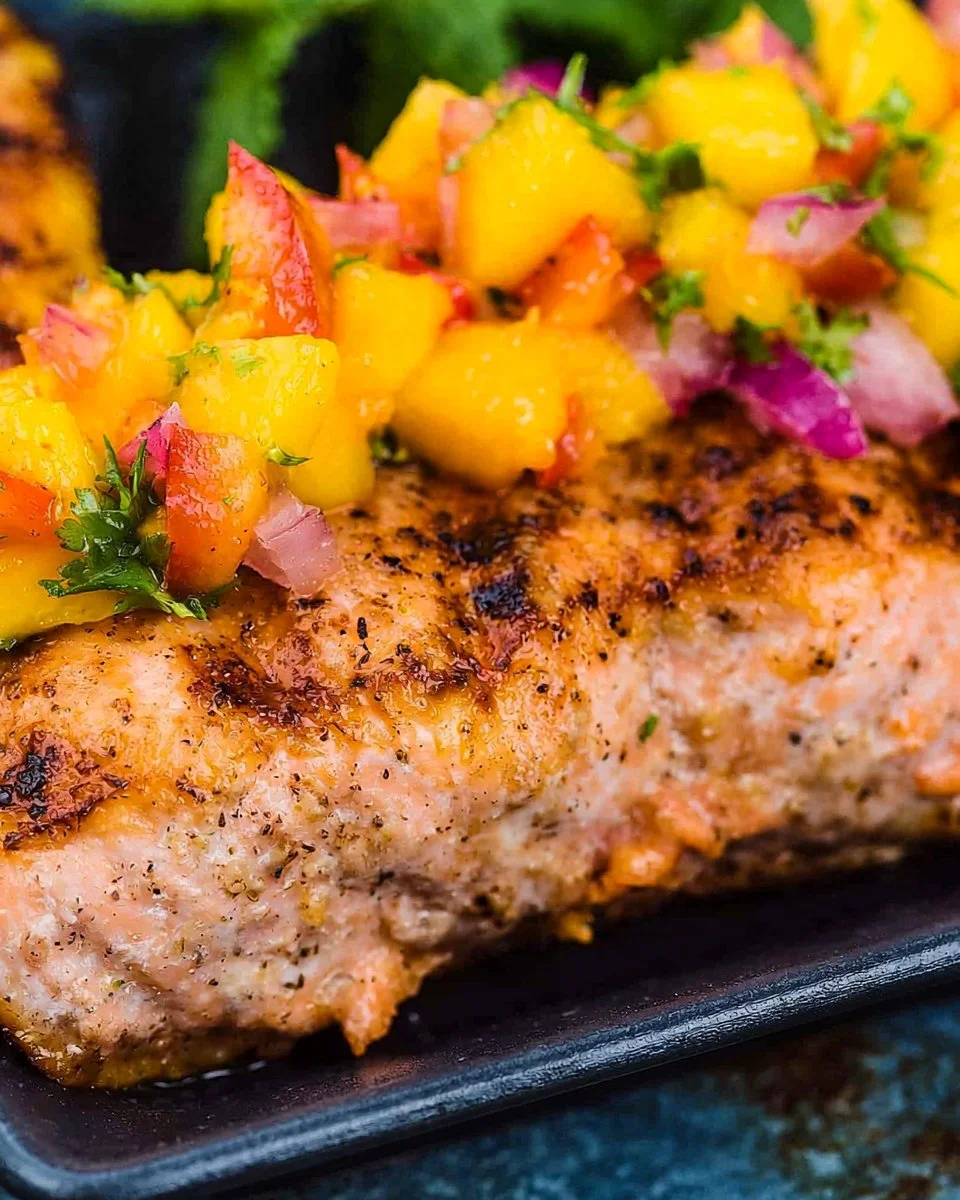 Delicious grilled salmon served with fresh mango salsa on a plate.