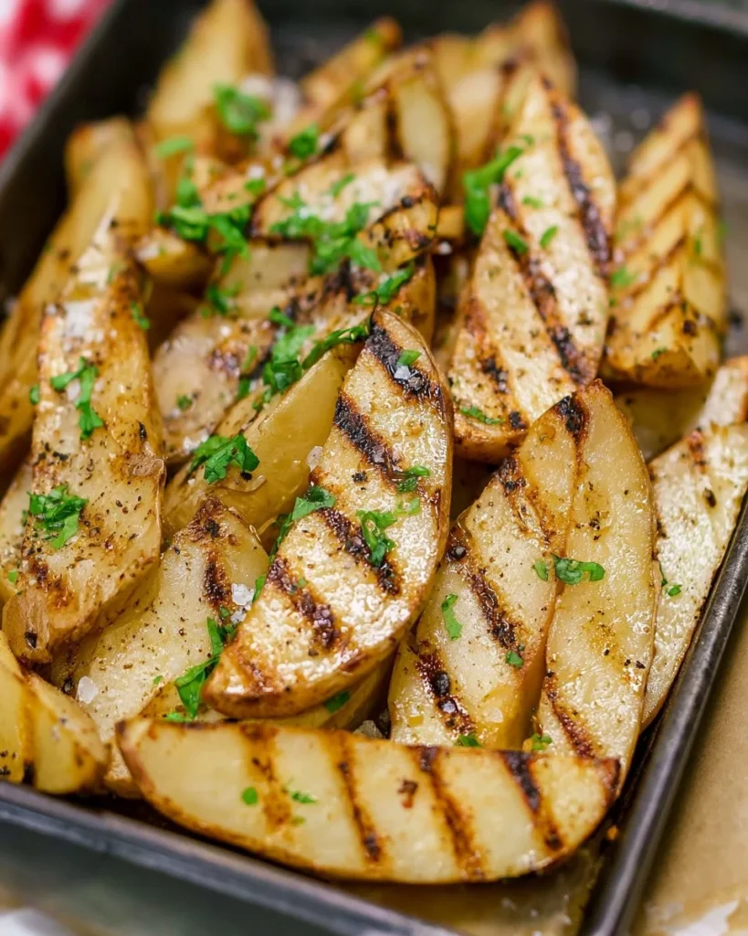 Delicious grilled salt and vinegar potatoes garnished with herbs.