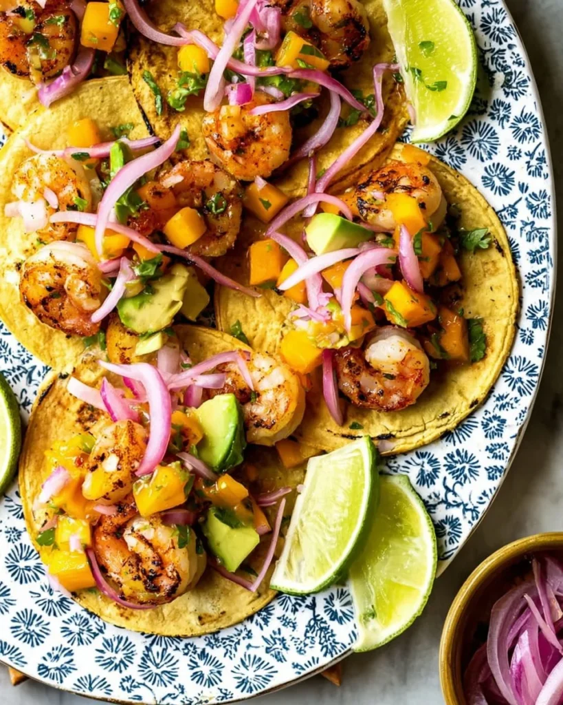 Delicious grilled shrimp tacos served with vibrant peach salsa