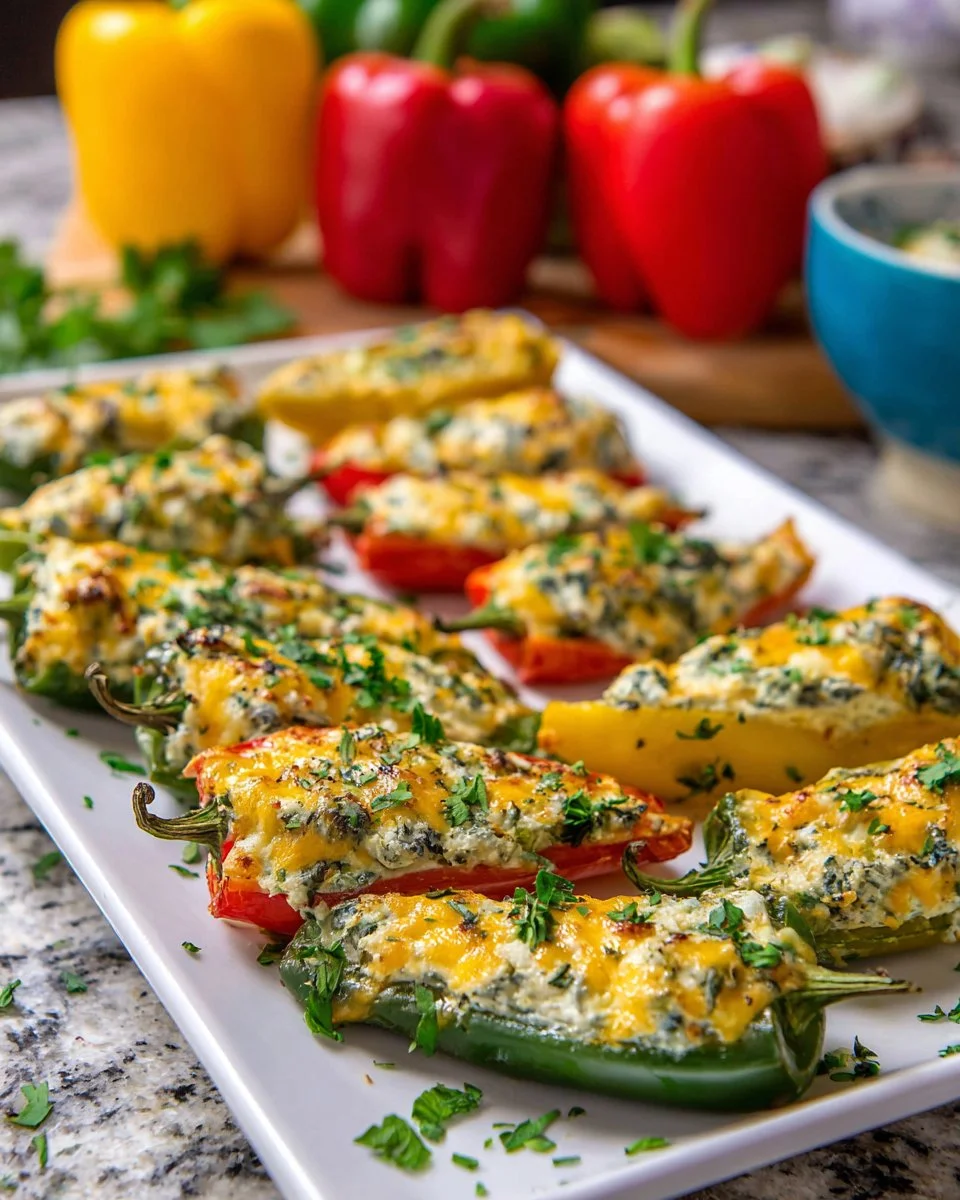 Grilled Spinach Dip Stuffed Jalapenos on a serving platter