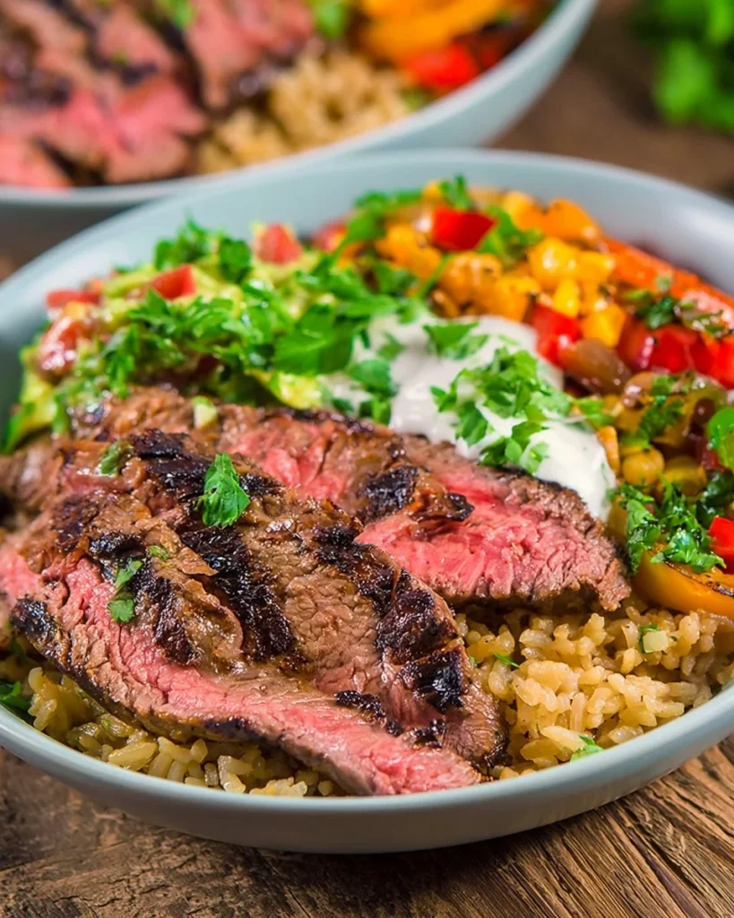 Delicious grilled steak burrito bowl with vibrant toppings and fresh ingredients