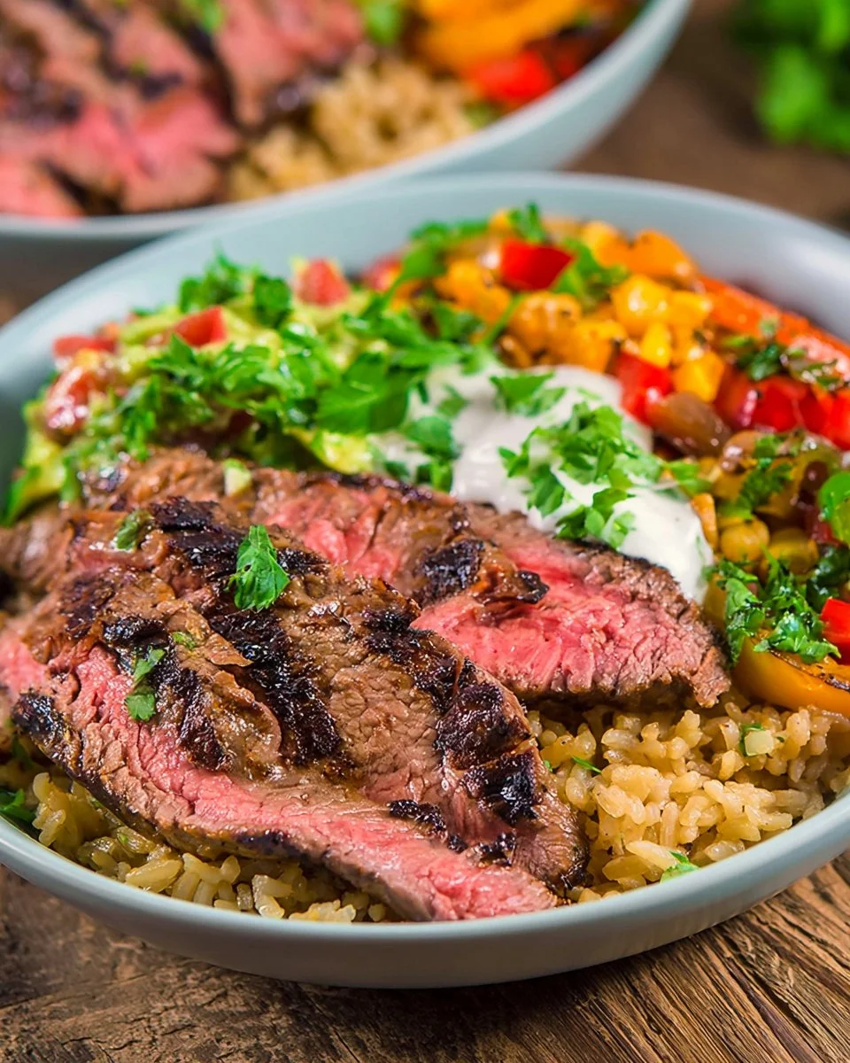Delicious grilled steak burrito bowl with vibrant toppings and fresh ingredients