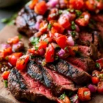 Grilled steak served with tomatoes, red onion, and balsamic drizzle.