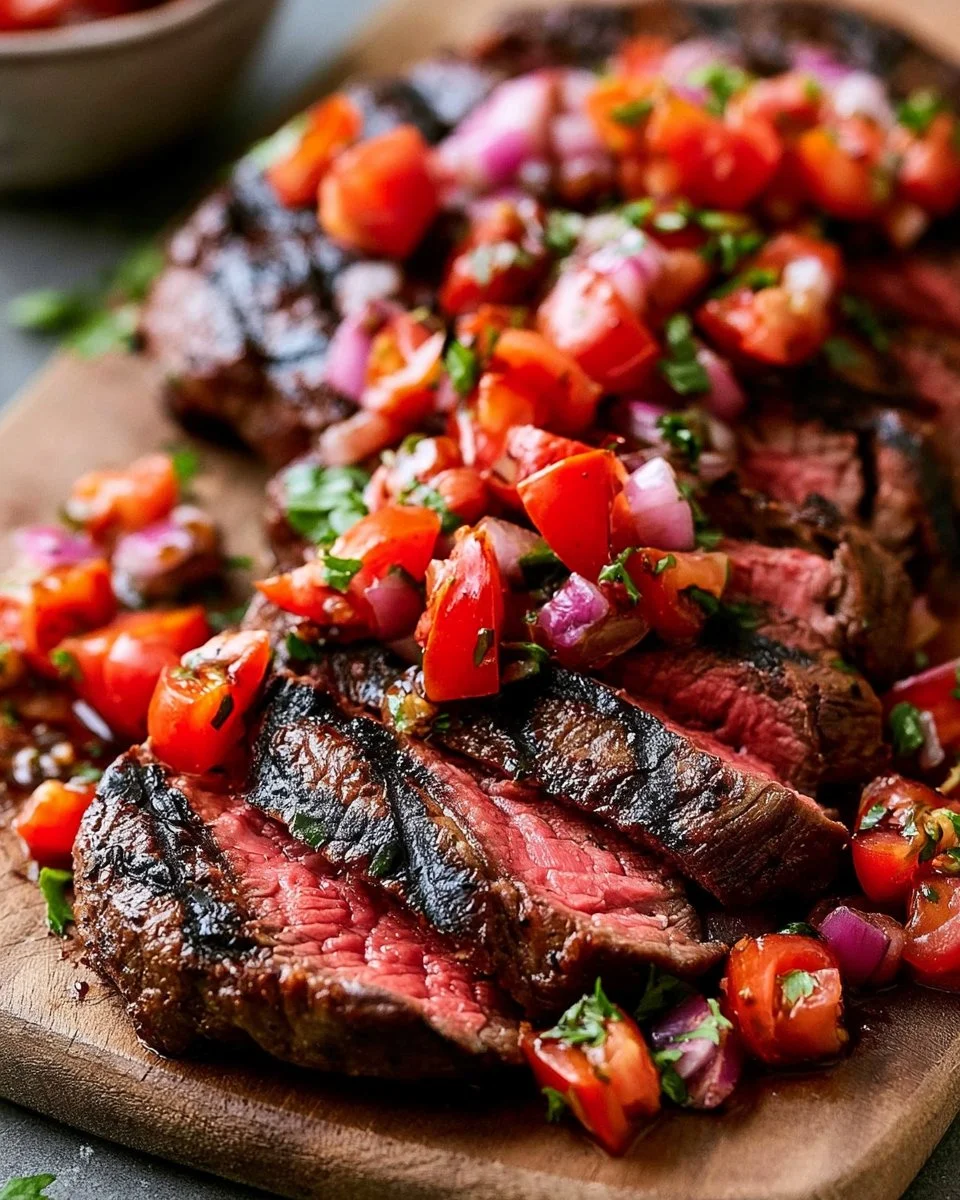 Grilled steak served with tomatoes, red onion, and balsamic drizzle.