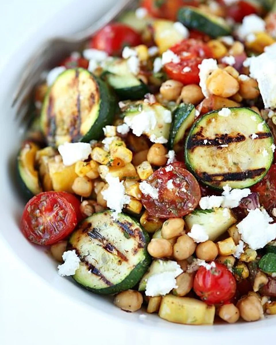Grilled zucchini salad with chickpeas, tomatoes, and goat cheese