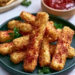 Crispy Halloumi Fries served with dipping sauce on a plate