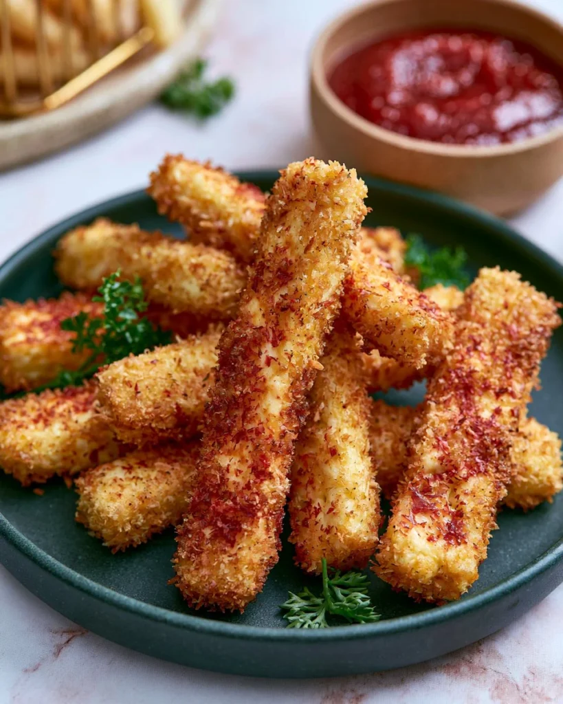 Crispy Halloumi Fries served with dipping sauce on a plate