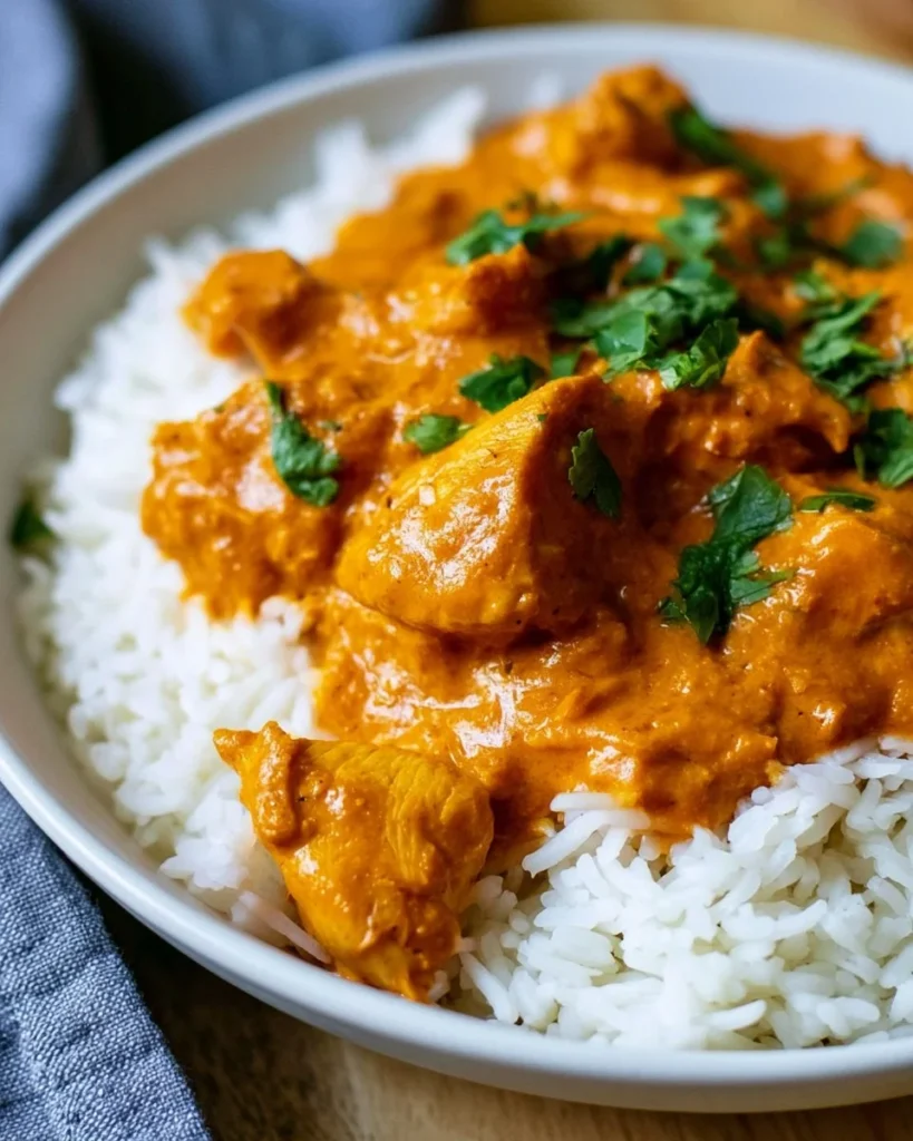 Healthy slow cooker butter chicken recipe with spices and ingredients.