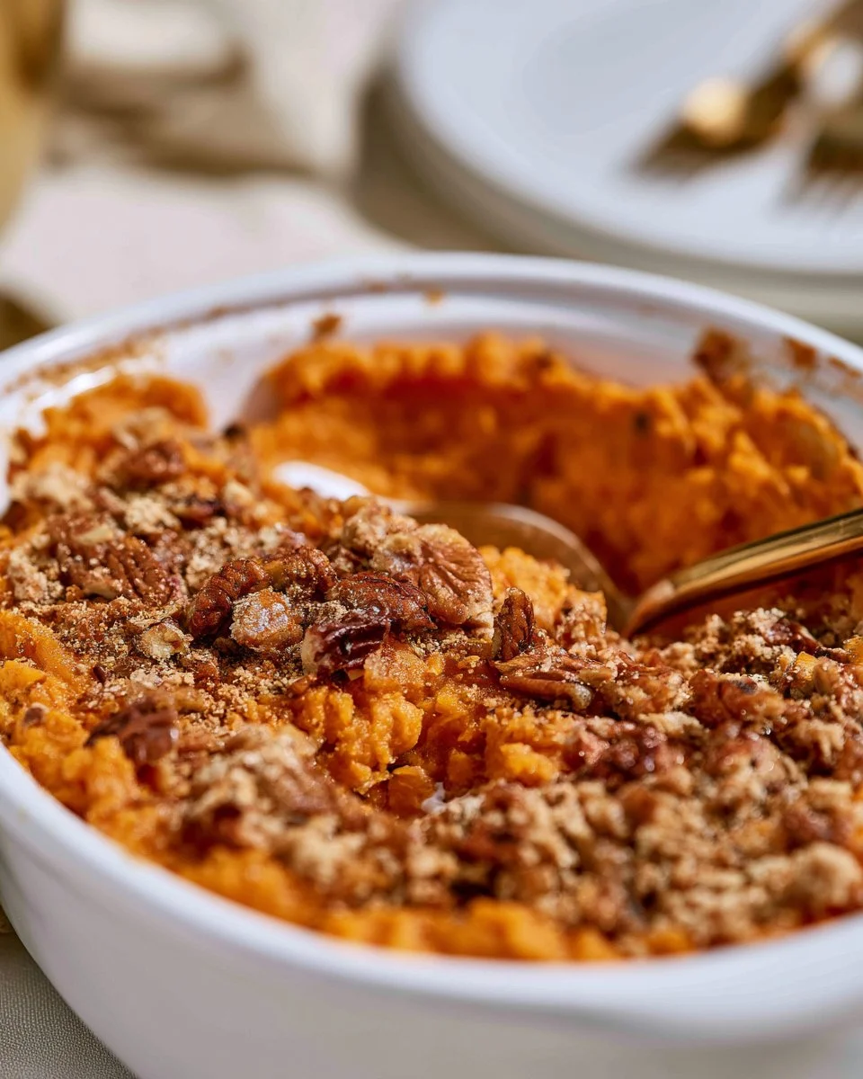 Healthy Sweet Potato Casserole topped with nuts and a hint of cinnamon