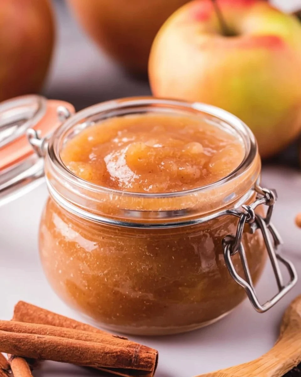 Delicious homemade applesauce in a jar, made from fresh apples.