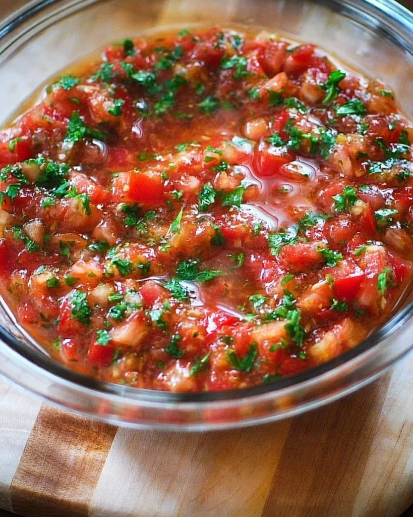 Fresh homemade bruschetta sauce made with tomatoes, basil, and garlic.
