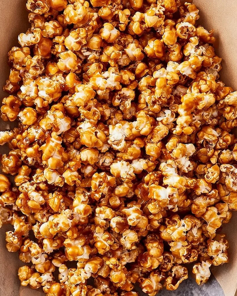 Bowl of homemade caramel popcorn drizzled with rich caramel sauce