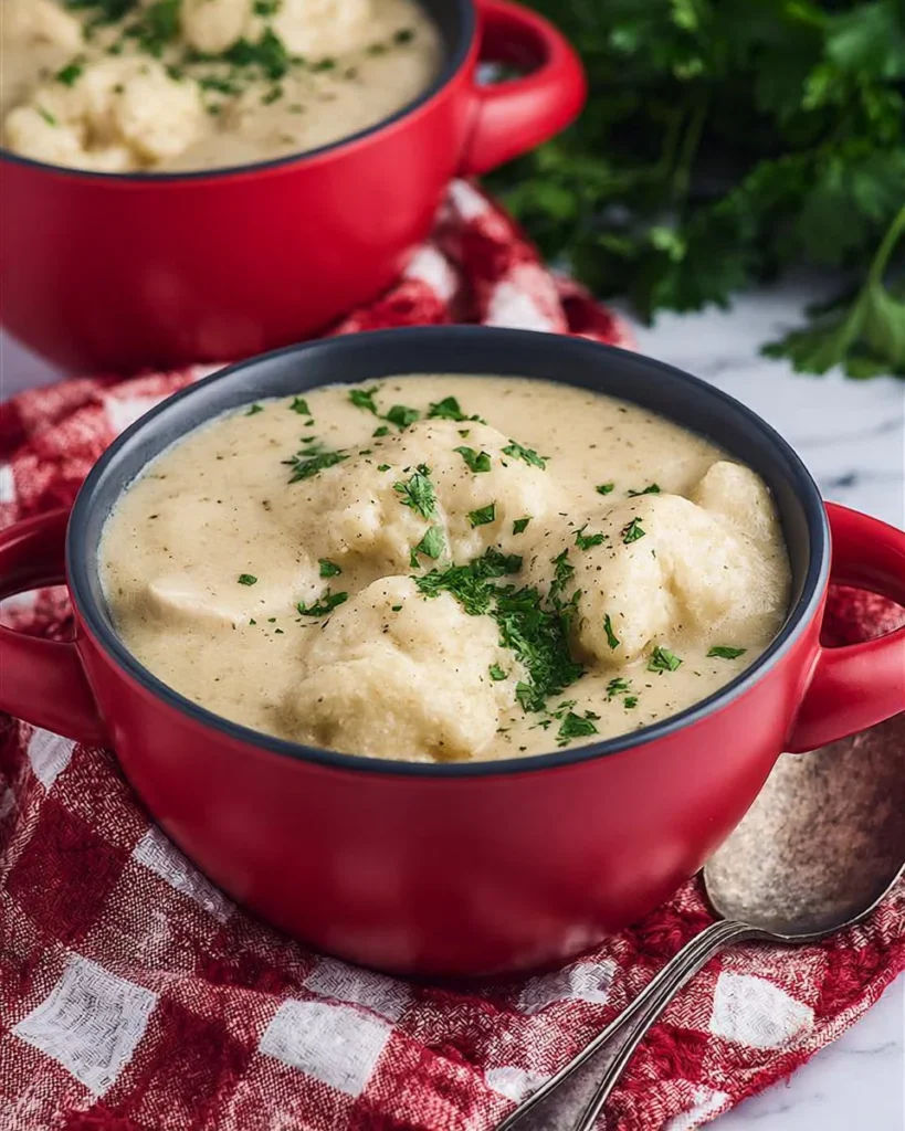 Bowl of homemade chicken and dumplings with a rich broth and fluffy dumplings