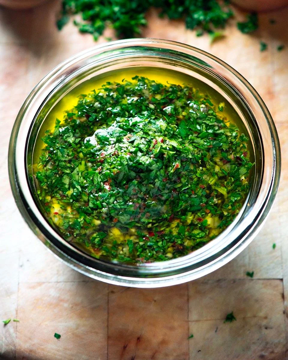Homemade chimichurri sauce drizzled over grilled meats