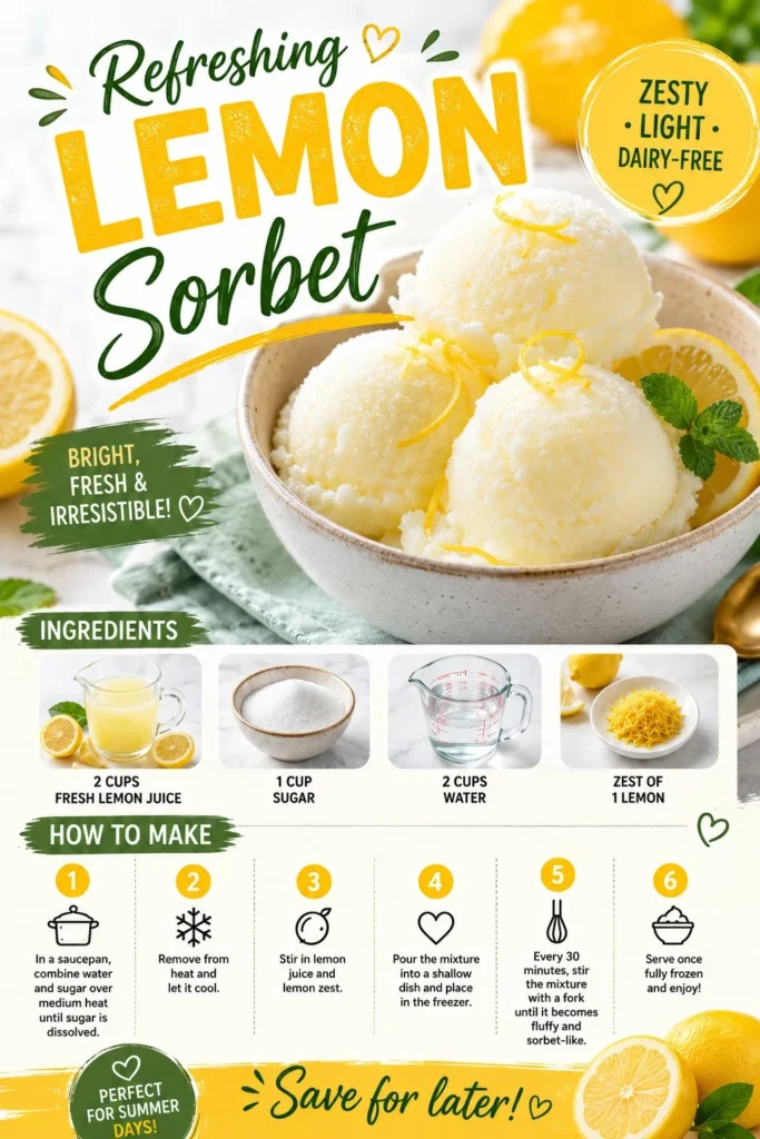 Delicious homemade lemon sorbet served in a bowl with lemon slices