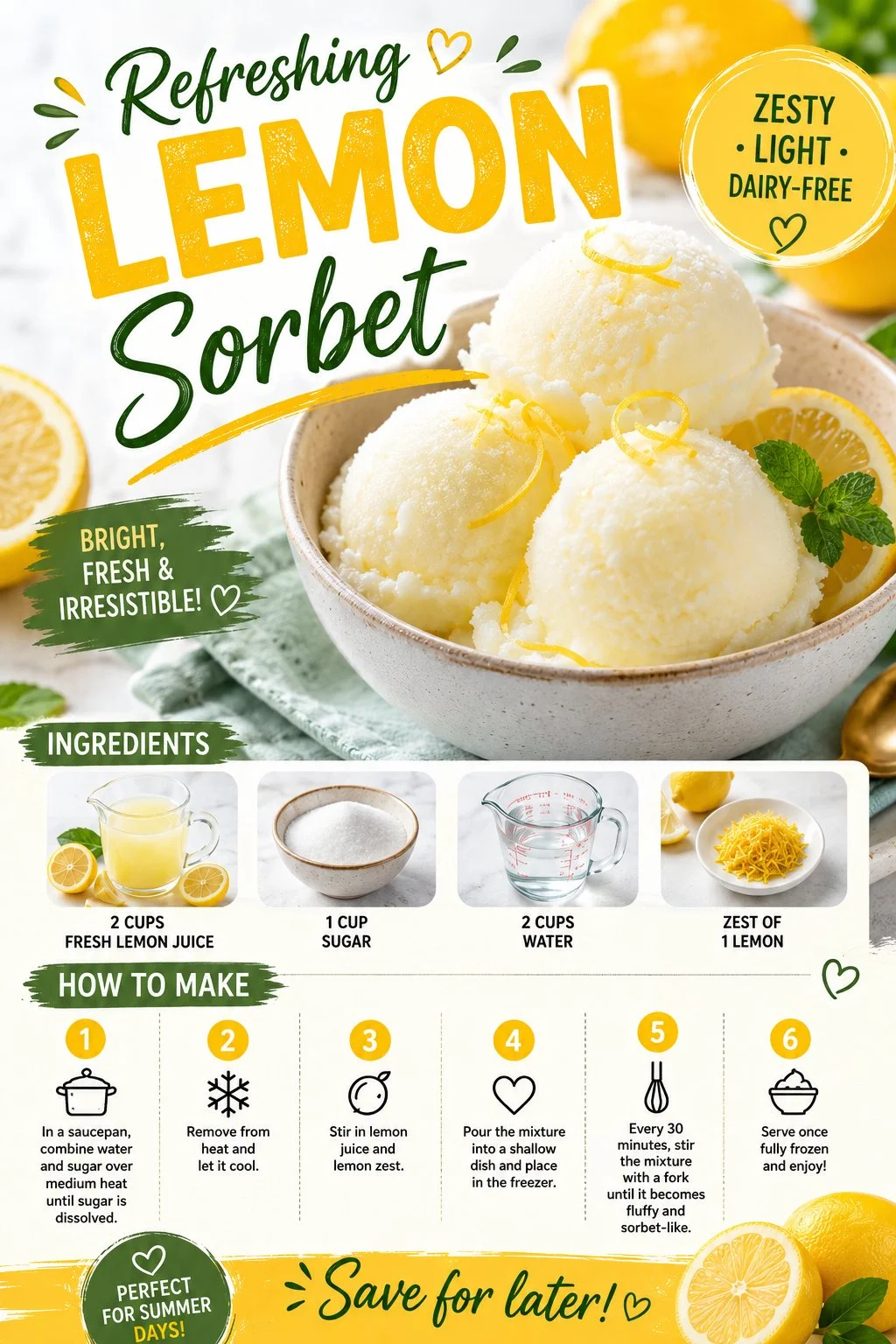 Delicious homemade lemon sorbet served in a bowl with lemon slices
