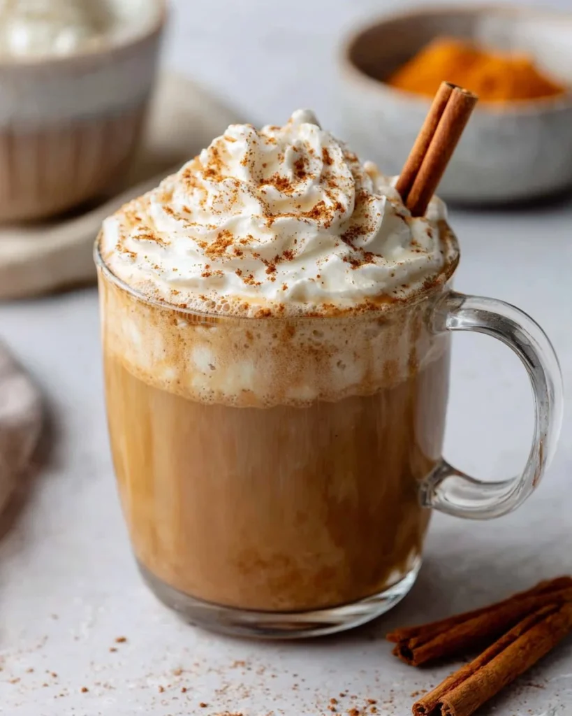 Homemade pumpkin spice latte topped with whipped cream and spices
